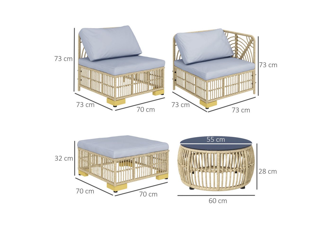 Outsunny Sitzgruppe Rattan Balkonmöbel Set, mit Kissen, Gartengarnitur, Stahl, (Sitzgarnitur, 5-tlg., Gartenmöbel-Set), Polyester 73L x 73B x 73H cm – Bild 3 von 5