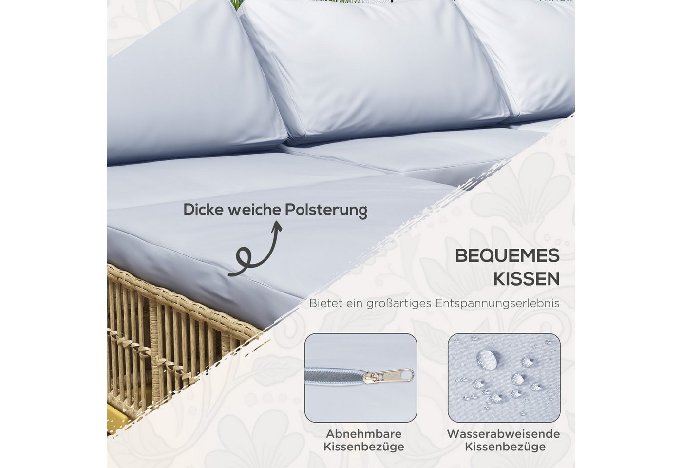 Outsunny Sitzgruppe Rattan Balkonmöbel Set, mit Kissen, Gartengarnitur, Stahl, (Sitzgarnitur, 5-tlg., Gartenmöbel-Set), Polyester 73L x 73B x 73H cm – Bild 5 von 5
