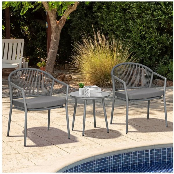 Outsunny Sitzgruppe Rattan Bistroset mit 2 Gartensesseln und Couchtisch, (Sitzgarnitur, 3-tlg., Balkonmöbel-Set), für Garten, Terrasse, Stahl, Grau