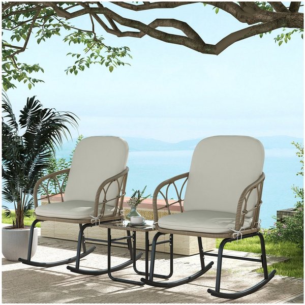 Outsunny Sitzgruppe Schaukelstuhl-Set Rattan, Gartenmöbel-Set mit 1 Couchtisch, (Gartensitzgruppe, 3-tlg., Gartengarnitur), mit Kissen, für Balkon, Terrasse, Cr