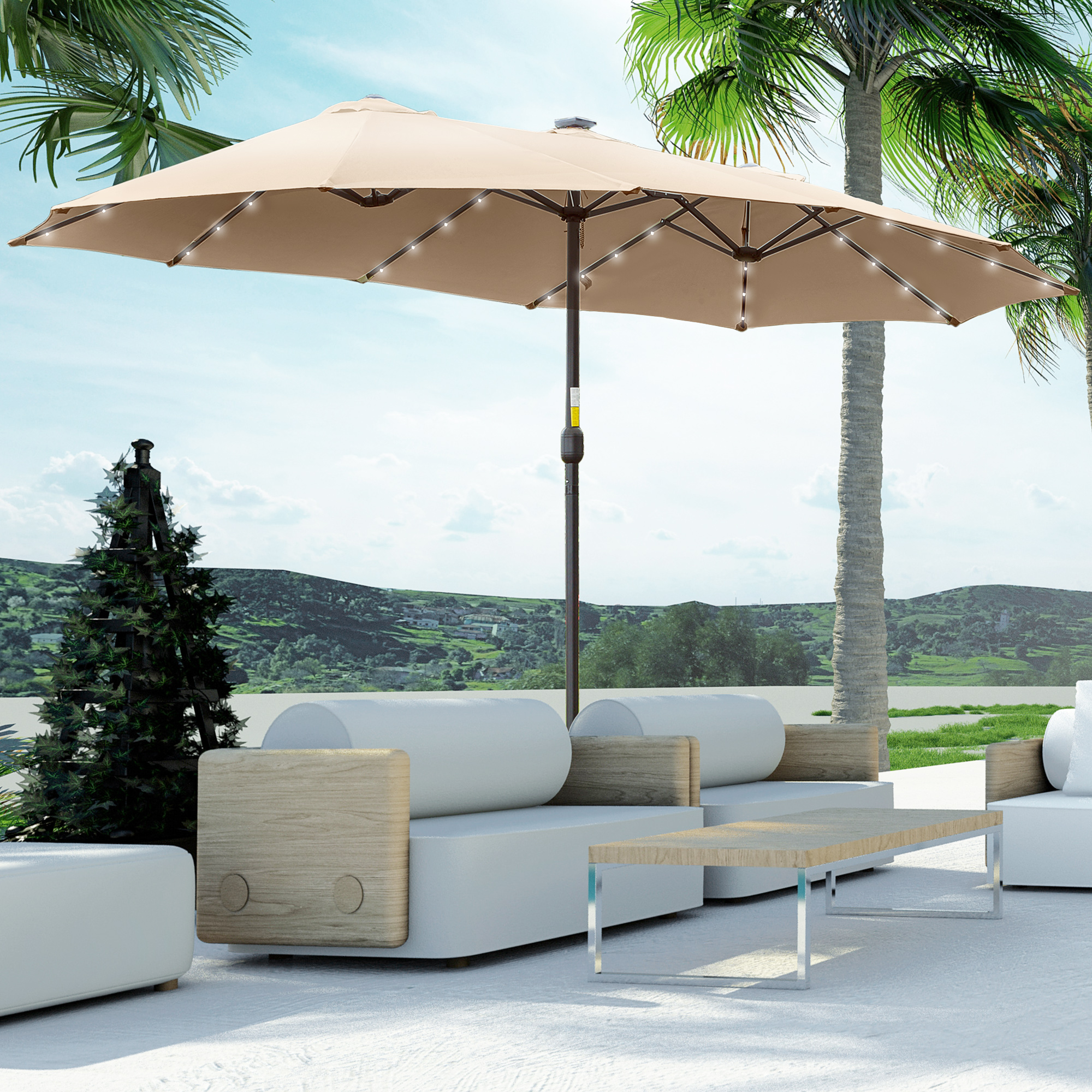 Outsunny Sonnenschirm 4,5m mit 48 Solar-LED-Lichtern, Doppel-Gartenschirm mit Kurbel, Khaki Aosom – Bild 2 von 2