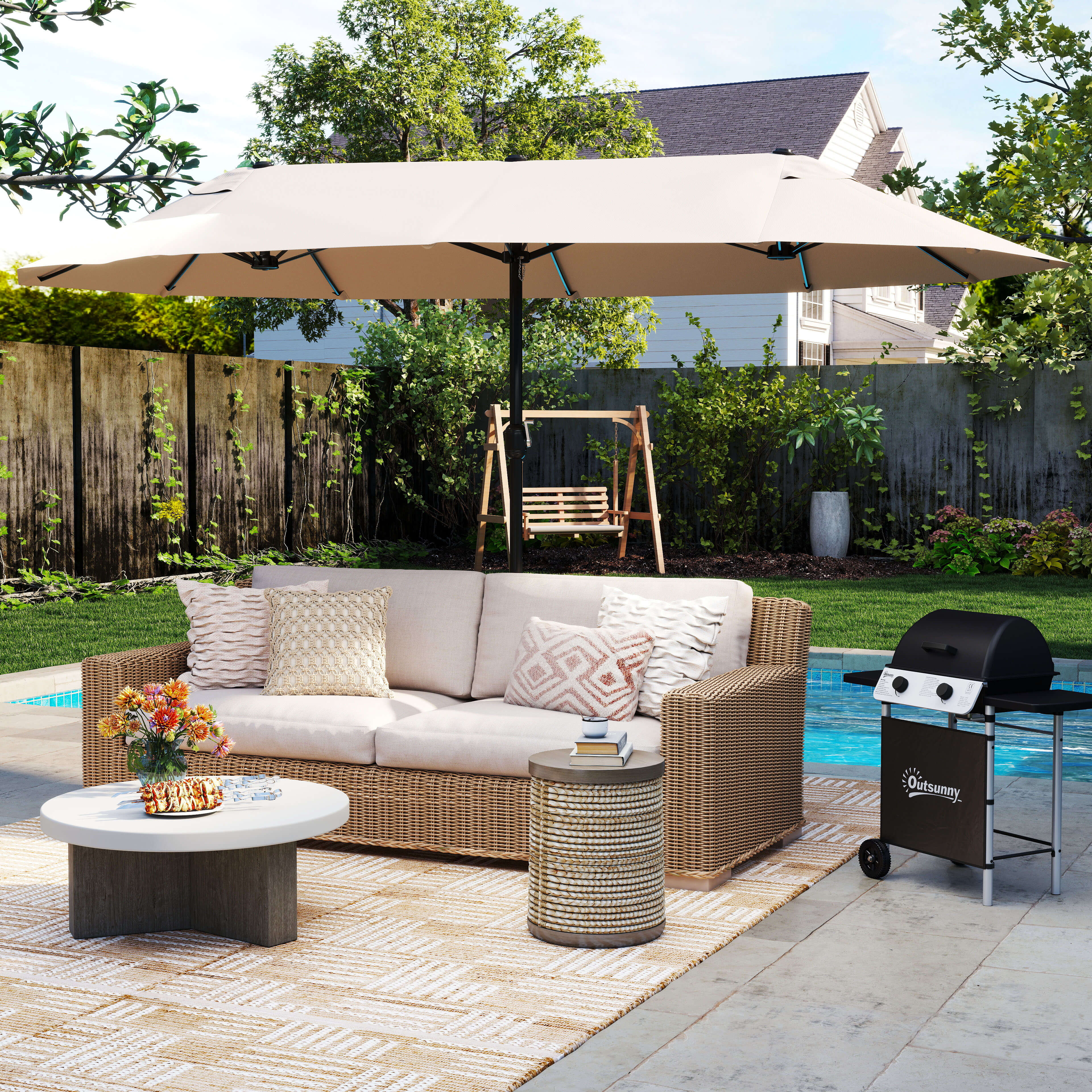 Outsunny Sonnenschirm Gartenschirm Marktschirm Doppelsonnenschirm Terrassenschirm mit Handkurbel Beige Oval 455 x 270 x 240 cm Aosom – Bild 2 von 2