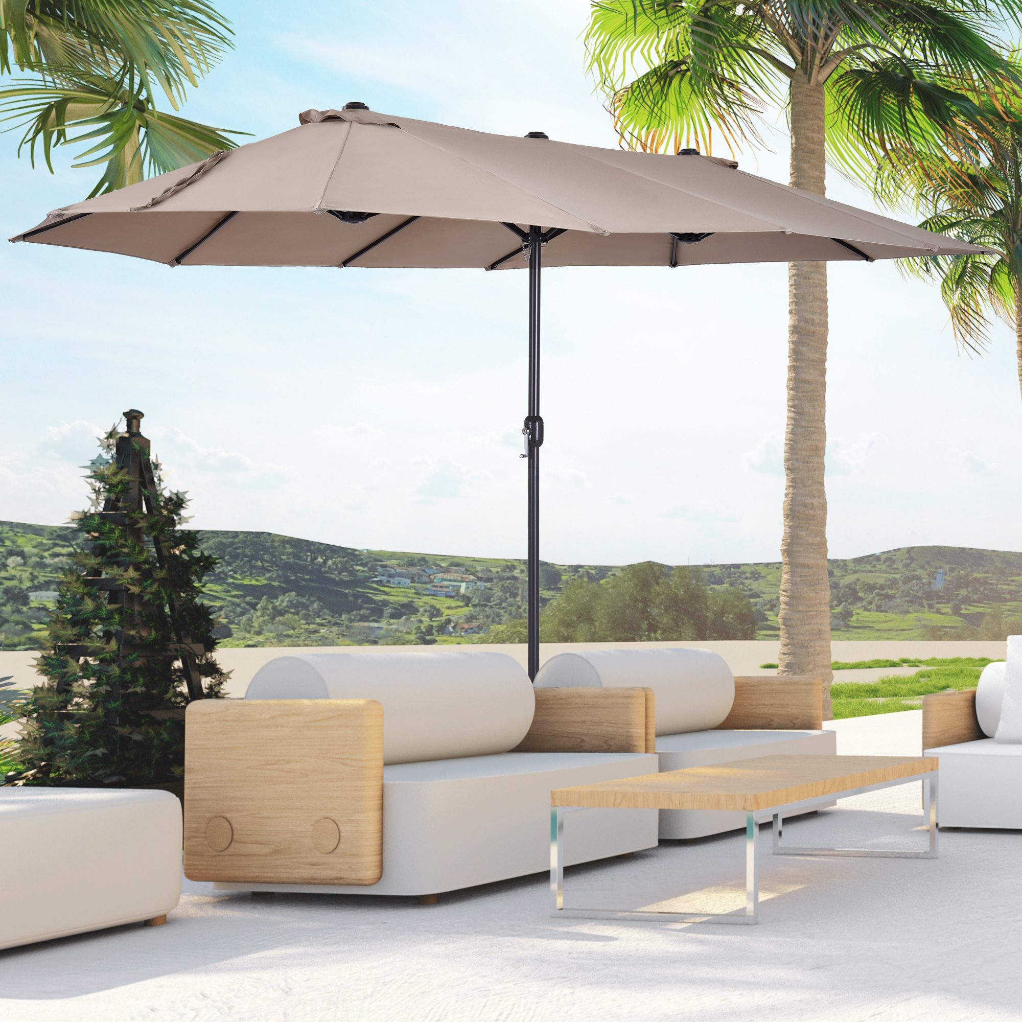 Outsunny Sonnenschirm Marktschirm Doppelsonnenschirm mit Handkurbel oval 460 x 270 x 240 cm in Hellkaffee für Garten & Terrasse Aosom.de – Bild 2 von 2