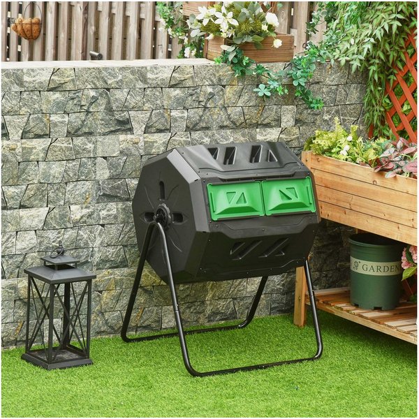 Outsunny Trommel-Komposter 160L Gartenkomposter mit 2 Kammern, drehbar, für Bio-Abfälle, Schwarz, effizient & robust Aosom