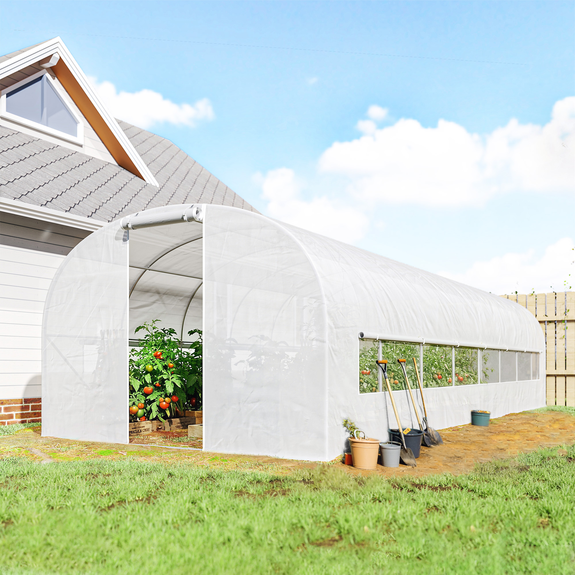 Outsunny Tunnel-Gewächshaus 24m², Tunnel-Gewächshaus 295x798x198cm mit verzinktem Stahlrahmen, Türen und 2 großen Fenstern, PE-Abdeckung hochdicht 140 g/m² mit  – Bild 2 von 2