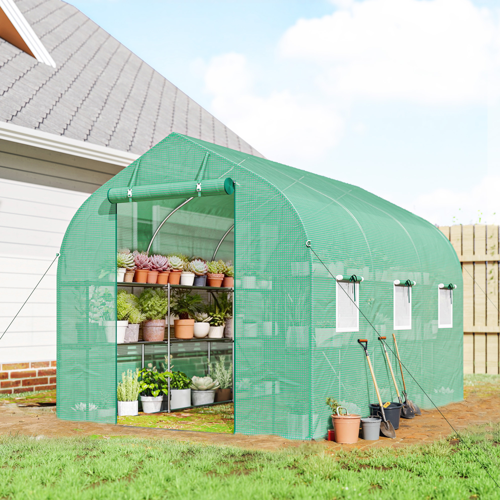 Outsunny Tunnel-Gewächshaus 6 m², Gewächshaus mit Regalen, 198 x 293 x 194 cm, verzinkter Stahlrahmen, Tür und 6 Fenster, für Außenbereich, ganzjährig, PE-Abdec – Bild 2 von 2