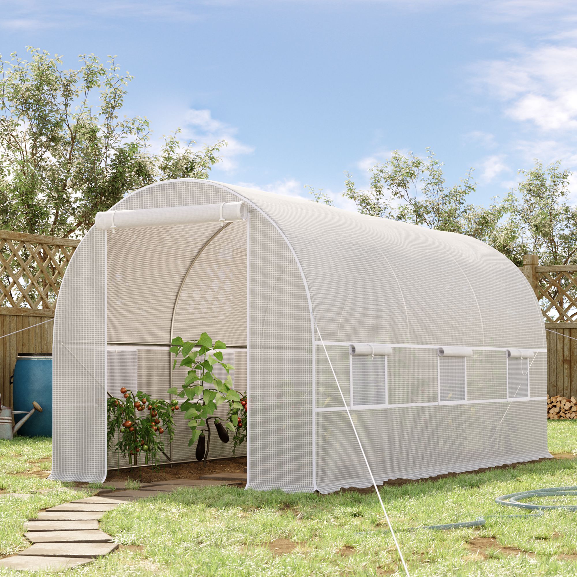 Outsunny Tunnel-Gewächshaus 8m², Tunnel-Gewächshaus 400 x 200 x 200 cm mit Tür und 6 Fenstern, für draußen, ganzjährig, Gemüse, Obst, Blumen, PE-Abdeckung hohe  – Bild 2 von 2