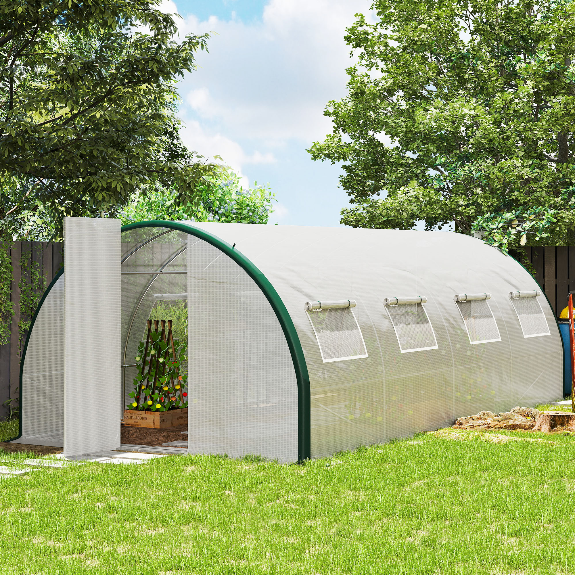 Outsunny Tunnelgewächshaus 18 m², Tunnelgewächshaus 600x300x200 cm PE-Abdeckung 140 g/m², verlängerter Rand 20 cm, Türen und 8 Fenster mit Fliegengitter, für al – Bild 2 von 2