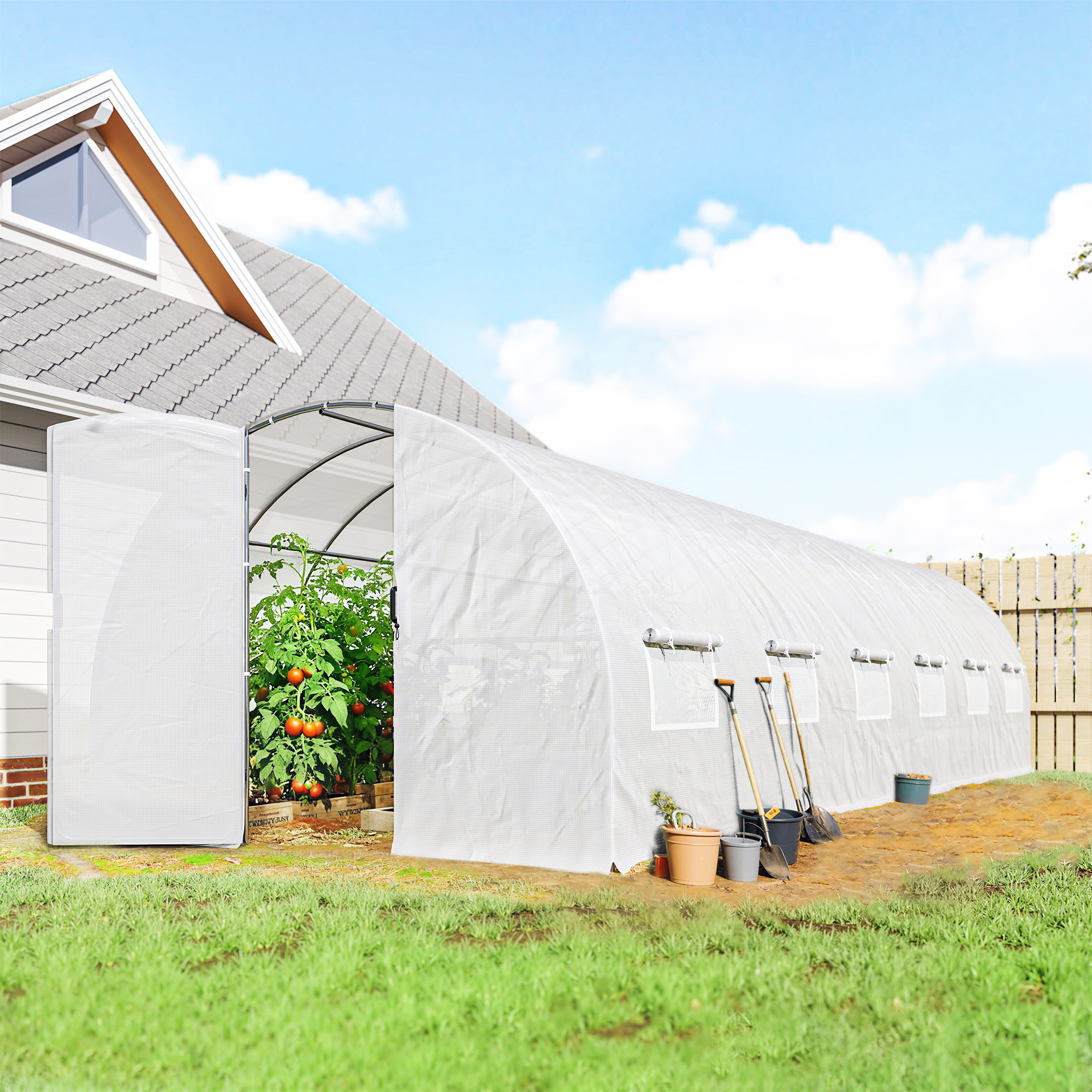 Outsunny Tunnelgewächshaus 24 m², Tunnelgewächshaus 295x798x199 cm mit Tür und 12 aufrollbaren Fenstern mit Fliegengitter, PE-Plane 140 g/m² mit 20 cm verlänger – Bild 2 von 2