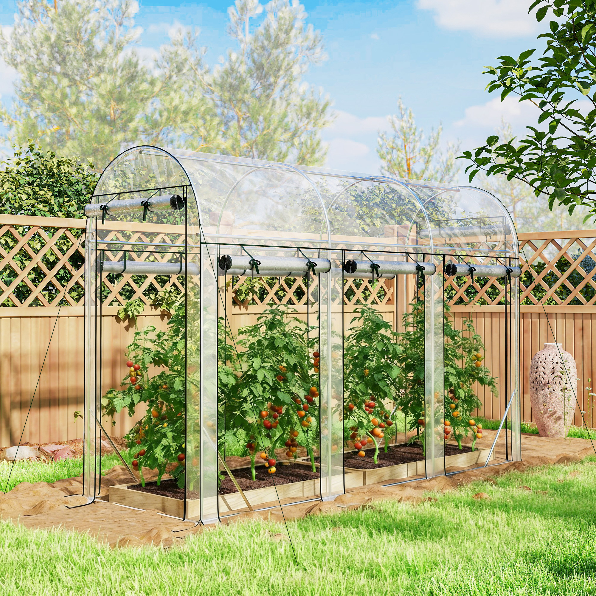 Outsunny Tunnelgewächshaus 3 m², Garten-Tunnelgewächshaus 295x100x197cm mit verzinktem Stahlrahmen, 8 aufrollbare Türen, für Außenbereich, ganzjährig, transpare – Bild 2 von 2