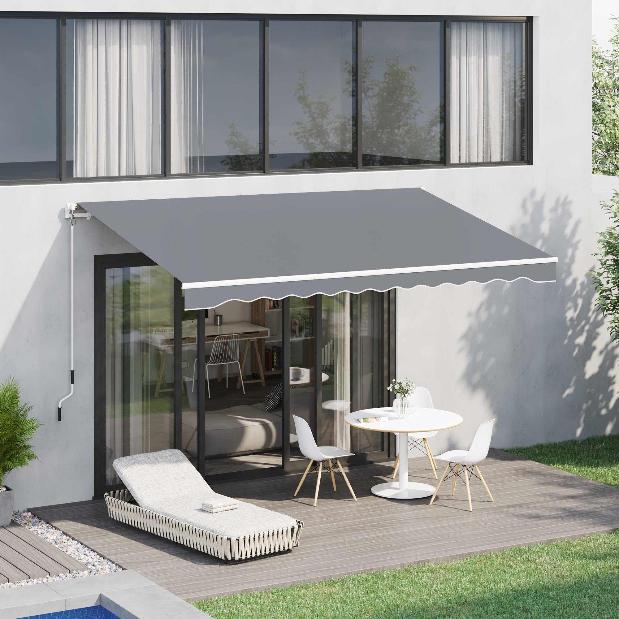 Outsunny UV Schutz Markise 4m, für alle Oberflächen, langlebig, wetterfest, Balkon Markise mit Handkurbel, Alu, Polyester, Weiß+Grau Aosom.de – Bild 2 von 2
