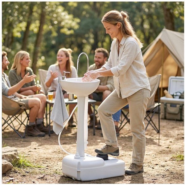 Outsunny Waschbecken Camping inklusive 17L Wassertank Fußpumpe mobile Waschstation (Gartenwaschbecken, 1-St., Handwaschbecken), für Wohnzimmer, Hellgrau