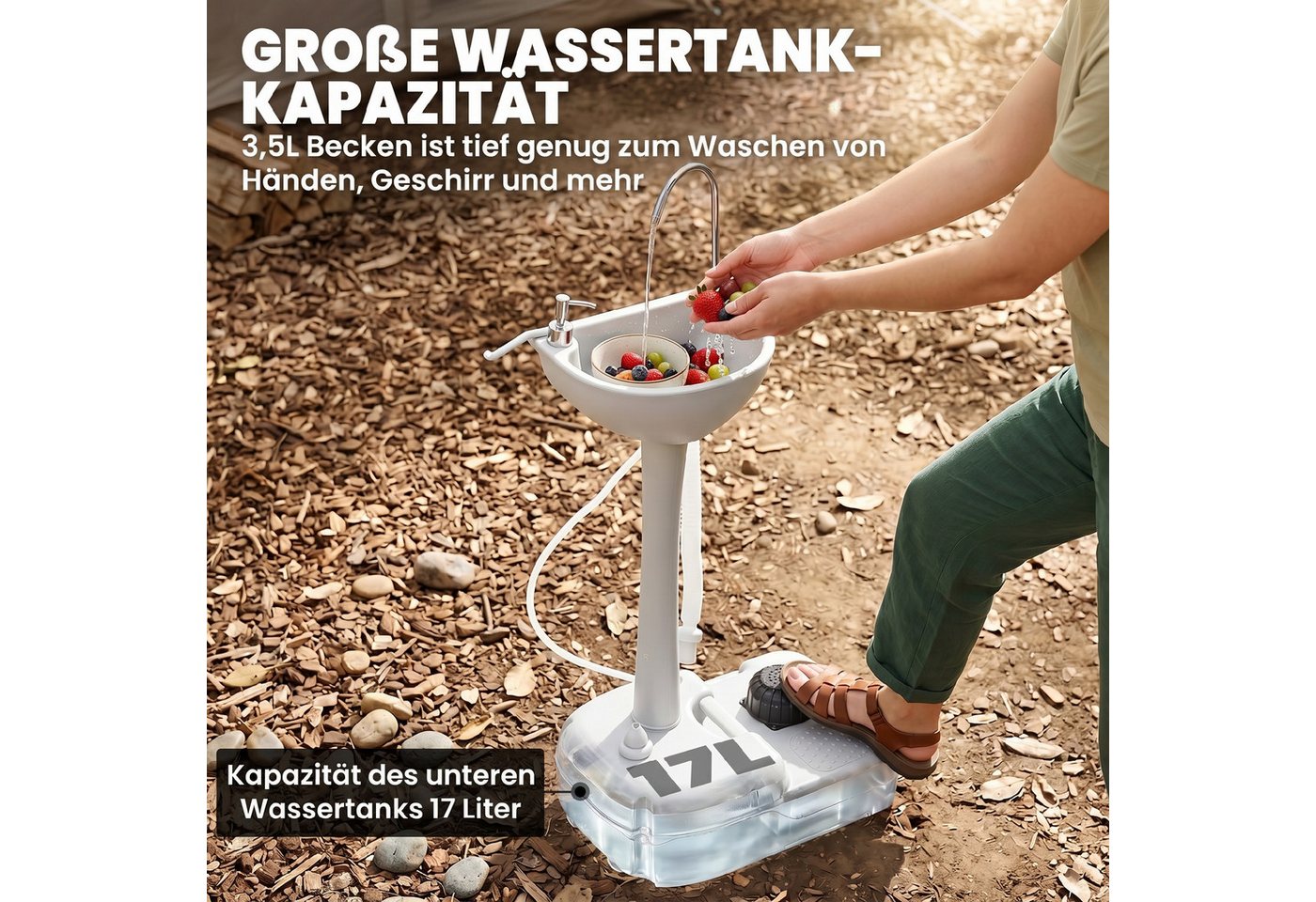 Outsunny Waschbecken Camping inklusive 17L Wassertank Fußpumpe mobile Waschstation (Gartenwaschbecken, 1-St., Handwaschbecken), für Wohnzimmer, Hellgrau – Bild 4 von 5