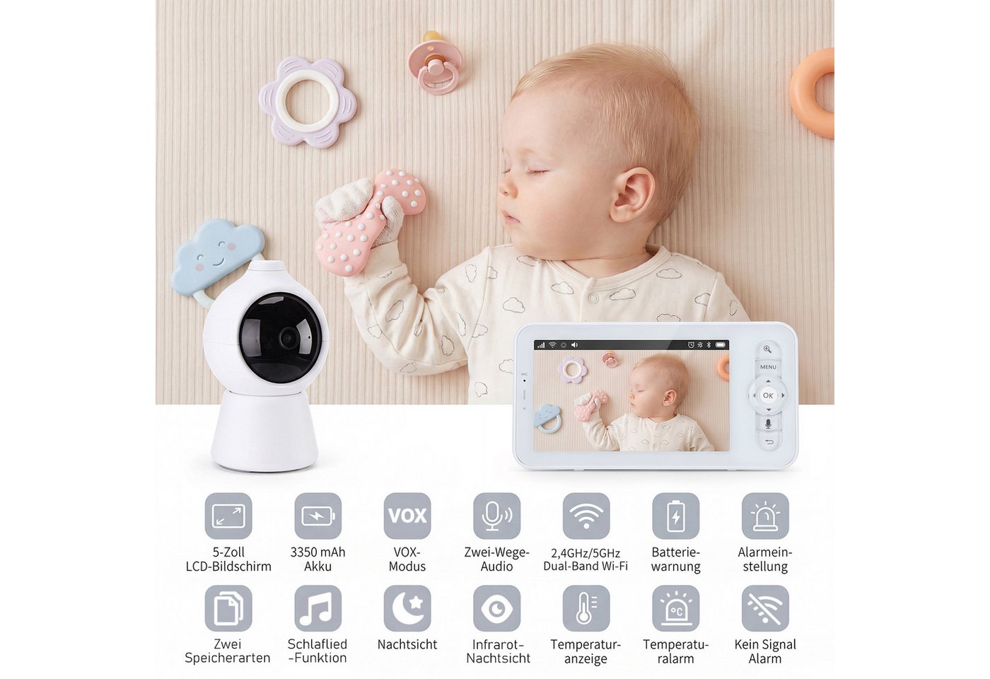 oyajia Babyphone Babyphone mit Kamera, Video Baby Monitor, Video-Babyphone, Infrarot-Nachtsicht, Temperaturanzeige, Schlaflieder, Zwei-Wege-Audio, Gegensprechfu – Bild 4 von 5