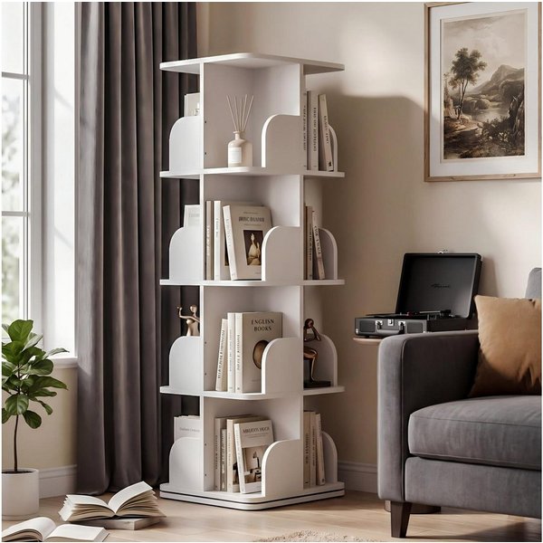oyajia Bücherregal Drehbare Bücherregal, 4 Etagen Stehregale Lagerregal mit Fächern, Bücherregal, offenes Aufbewahrungsregal, 39.5 x 39.5 x 128 cm, drehbar, 4 E