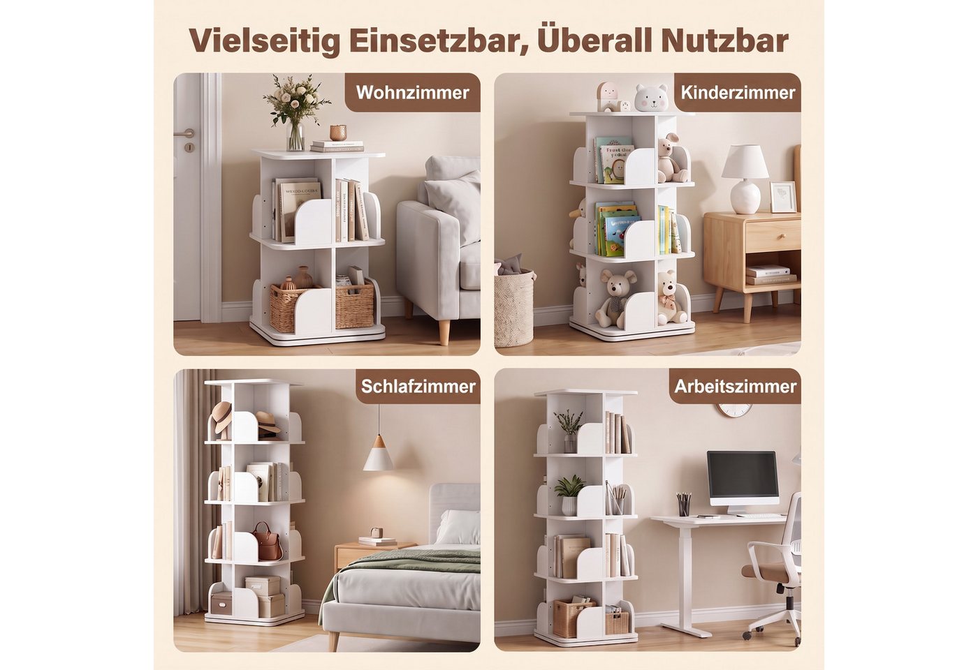 oyajia Bücherregal Drehbare Bücherregal, 4 Etagen Stehregale Lagerregal mit Fächern, Bücherregal, offenes Aufbewahrungsregal, 39.5 x 39.5 x 128 cm, drehbar, 4 E – Bild 4 von 5