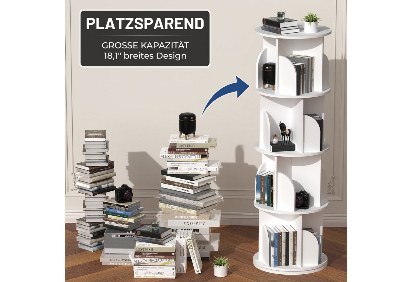 oyajia Bücherregal Drehbare Bücherregal, 4 Etagen Stehregale Lagerregal mit Fächern, Bücherregal, offenes Aufbewahrungsregal, 40 x 40 x 128 cm, drehbar, 4 Ebene – Bild 4 von 5
