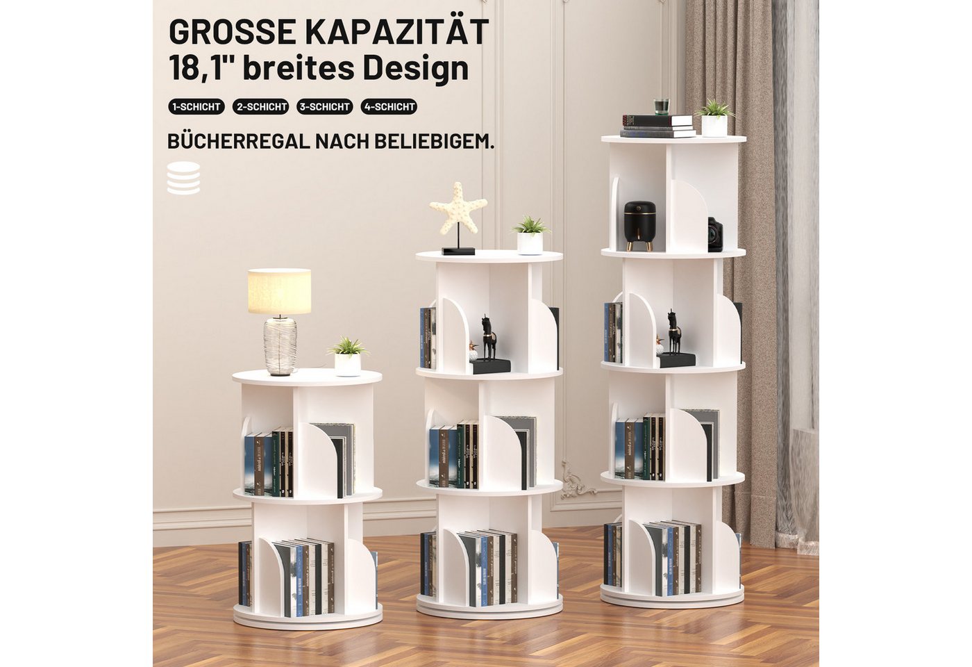 oyajia Bücherregal Drehbare Bücherregal, 4 Etagen Stehregale Lagerregal mit Fächern, Bücherregal, offenes Aufbewahrungsregal, 40 x 40 x 128 cm, drehbar, 4 Ebene – Bild 5 von 5