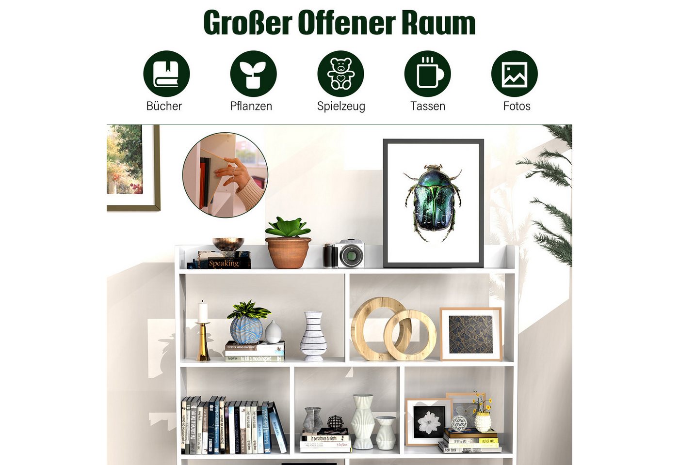 oyajia Bücherregal Würfelregal, Standregal, 7 offene Fächer, horizontal, Büroregal, Bücherregal, 97.5 x 90 x 16 cm, für Wohnzimmer, Arbeitszimmer, Büro – Bild 3 von 5