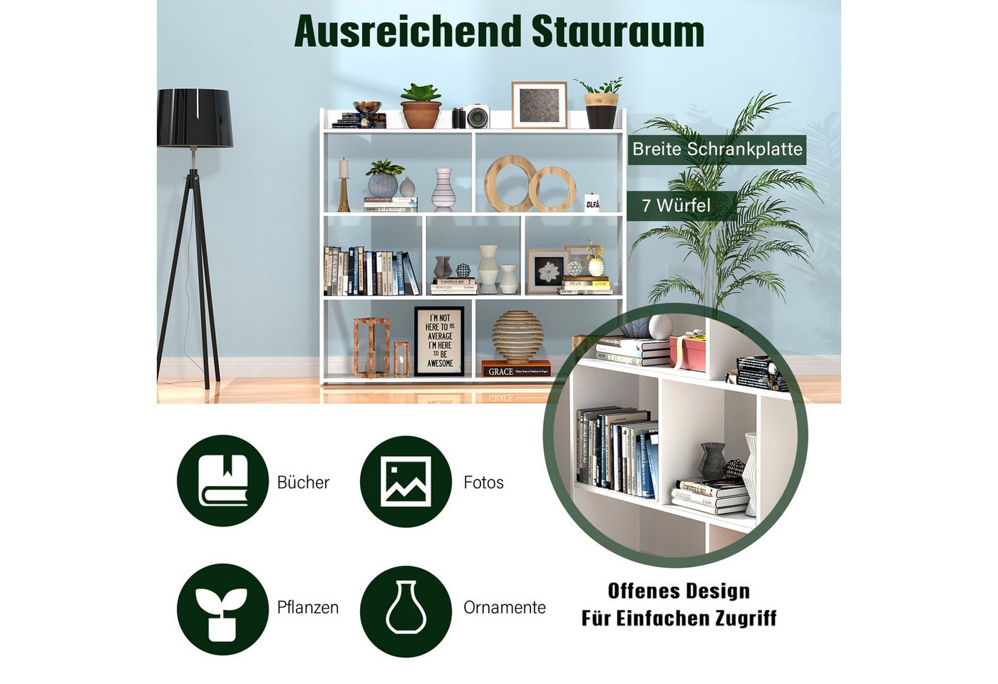 oyajia Bücherregal Würfelregal, Standregal, 7 offene Fächer, horizontal, Büroregal, Bücherregal, 97.5 x 90 x 16 cm, für Wohnzimmer, Arbeitszimmer, Büro – Bild 5 von 5