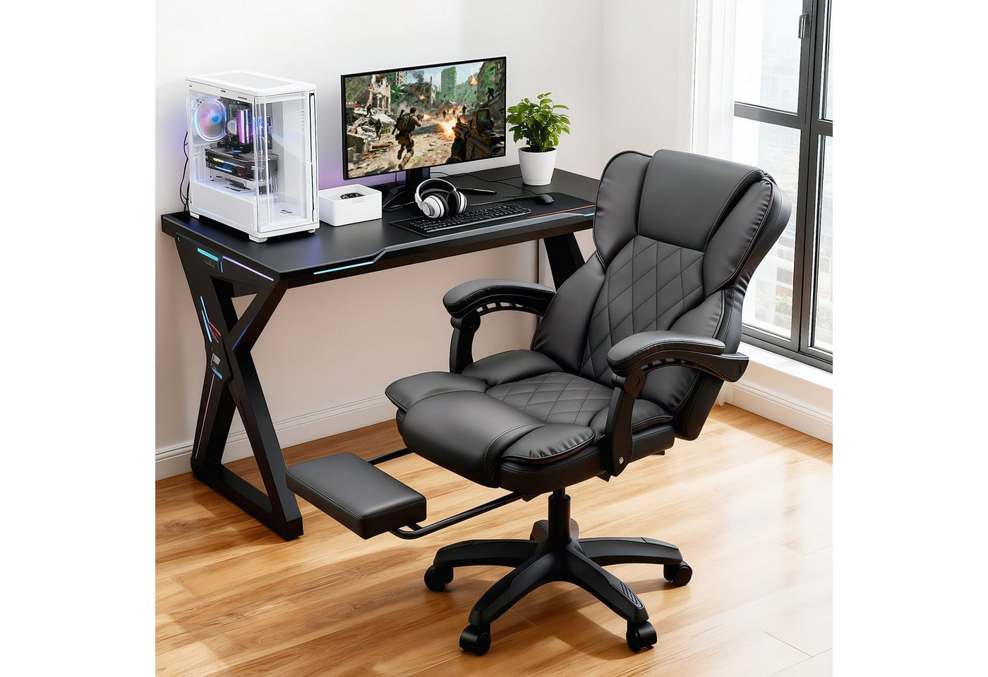 oyajia Bürostuhl Ergonomisch,mit Fußstütze, 135° neigbar (Drehstuhl aus PU leder, Belastbarkeit bis 150 kg), Schreibstuhl Höhenverstellbar, für Wohnzimmer, Büro – Bild 2 von 5