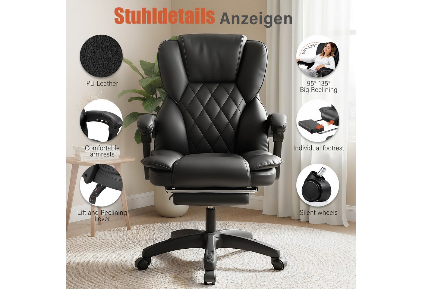 oyajia Bürostuhl Ergonomisch,mit Fußstütze, 135° neigbar (Drehstuhl aus PU leder, Belastbarkeit bis 150 kg), Schreibstuhl Höhenverstellbar, für Wohnzimmer, Büro – Bild 3 von 5