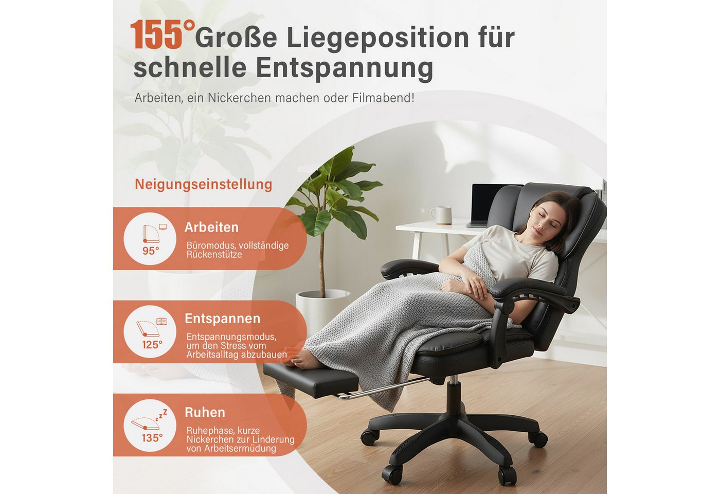 oyajia Bürostuhl Ergonomisch,mit Fußstütze, 135° neigbar (Drehstuhl aus PU leder, Belastbarkeit bis 150 kg), Schreibstuhl Höhenverstellbar, für Wohnzimmer, Büro – Bild 4 von 5