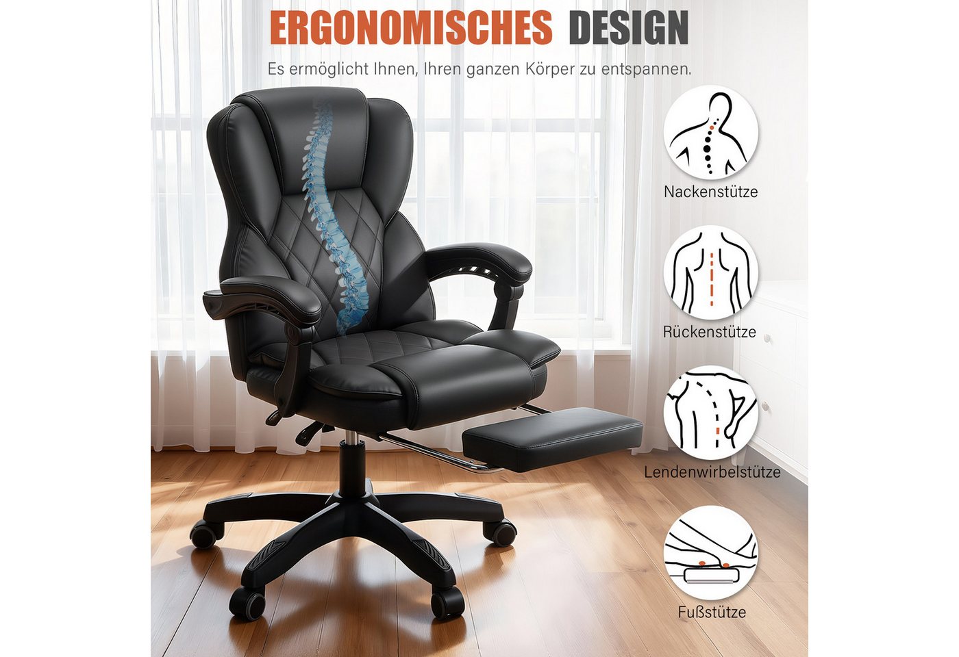 oyajia Bürostuhl Ergonomisch,mit Fußstütze, 135° neigbar (Drehstuhl aus PU leder, Belastbarkeit bis 150 kg), Schreibstuhl Höhenverstellbar, für Wohnzimmer, Büro – Bild 5 von 5
