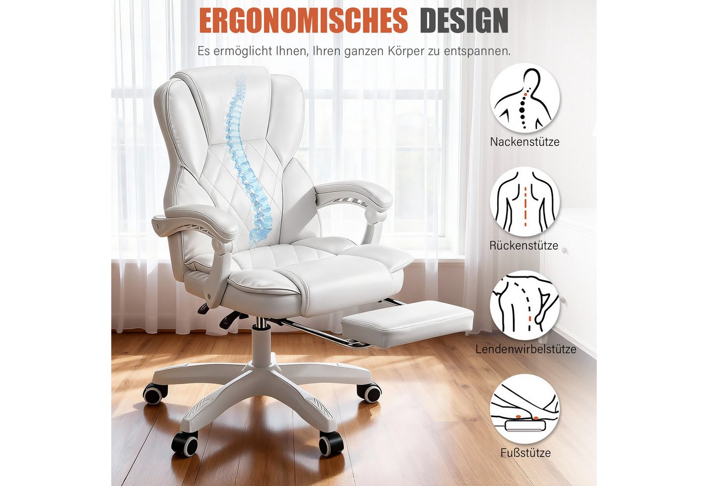oyajia Bürostuhl Ergonomisch,mit Fußstütze, 135° neigbar (Drehstuhl aus PU leder, Belastbarkeit bis 150 kg), Schreibstuhl Höhenverstellbar, für Wohnzimmer, Büro – Bild 4 von 5