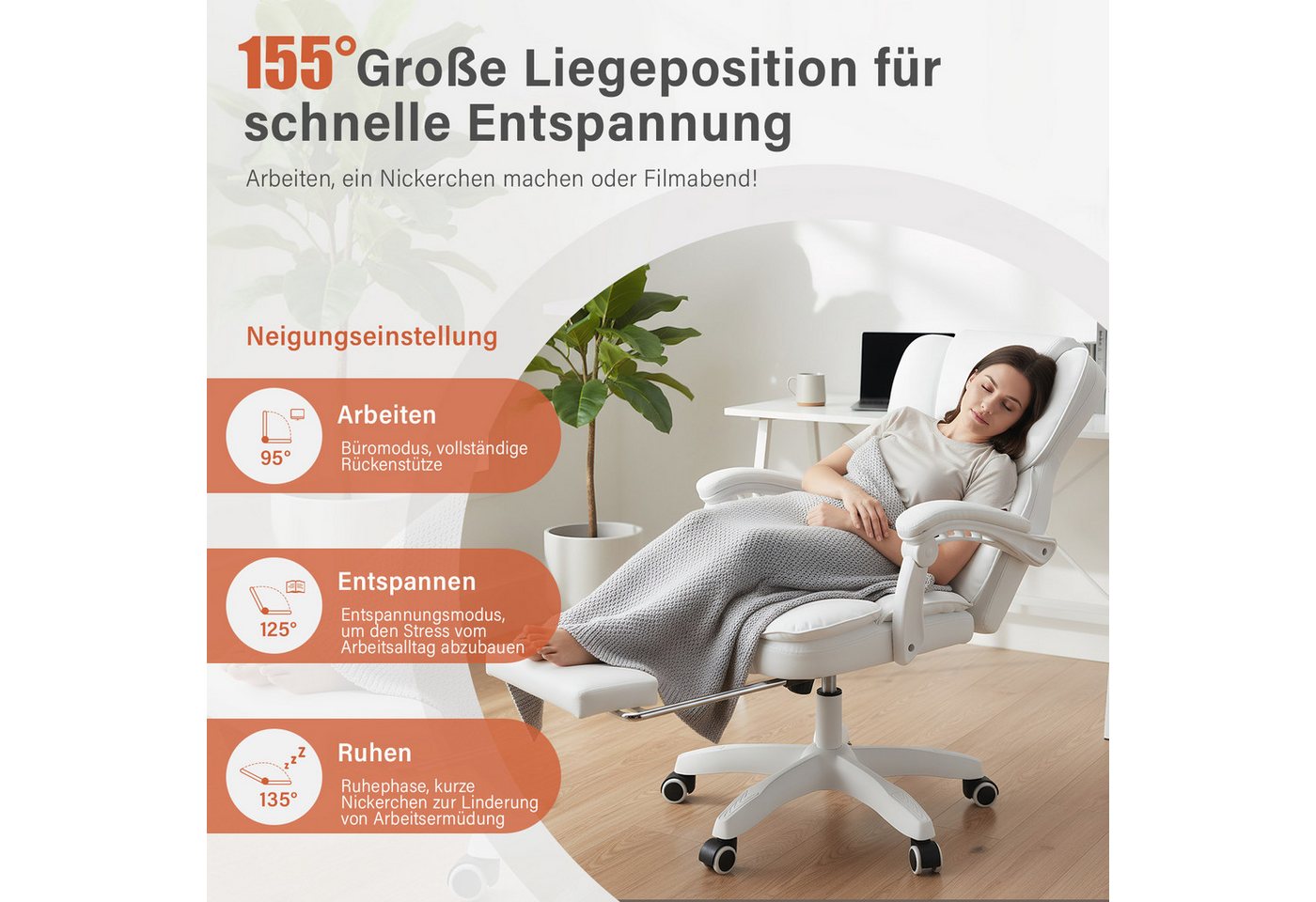 oyajia Bürostuhl Ergonomisch,mit Fußstütze, 135° neigbar (Drehstuhl aus PU leder, Belastbarkeit bis 150 kg), Schreibstuhl Höhenverstellbar, für Wohnzimmer, Büro – Bild 5 von 5