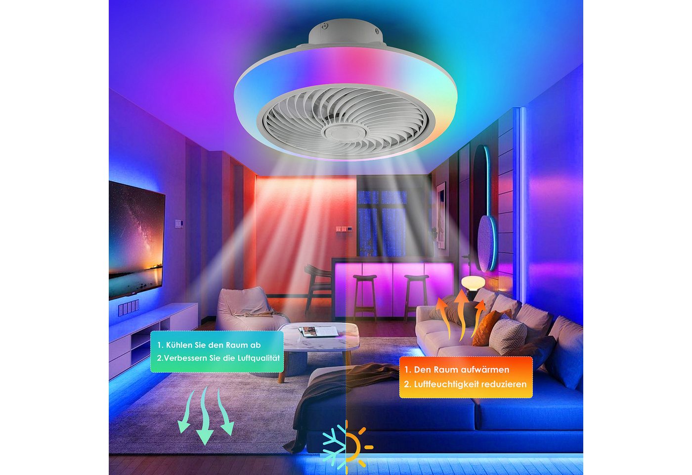 oyajia Deckenleuchte 50W RGB LED Deckenleuchte mit Bluetooth Lautsprecher, Deckenventilator, Luftzirkulationsfunktion, LED fest integriert, RGB Farbwechsel (300 – Bild 2 von 5