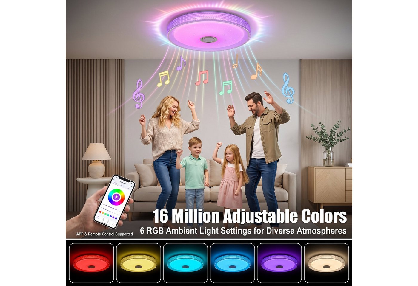 oyajia Deckenleuchte 55W LED Deckenlampe mit Bluetooth Lautsprecher, RGB Fernbedienung APP, 50 CM, LED fest integriert, Kaltweiß+Naturweiß+Warmweiß+RGB, mit RGB – Bild 3 von 5