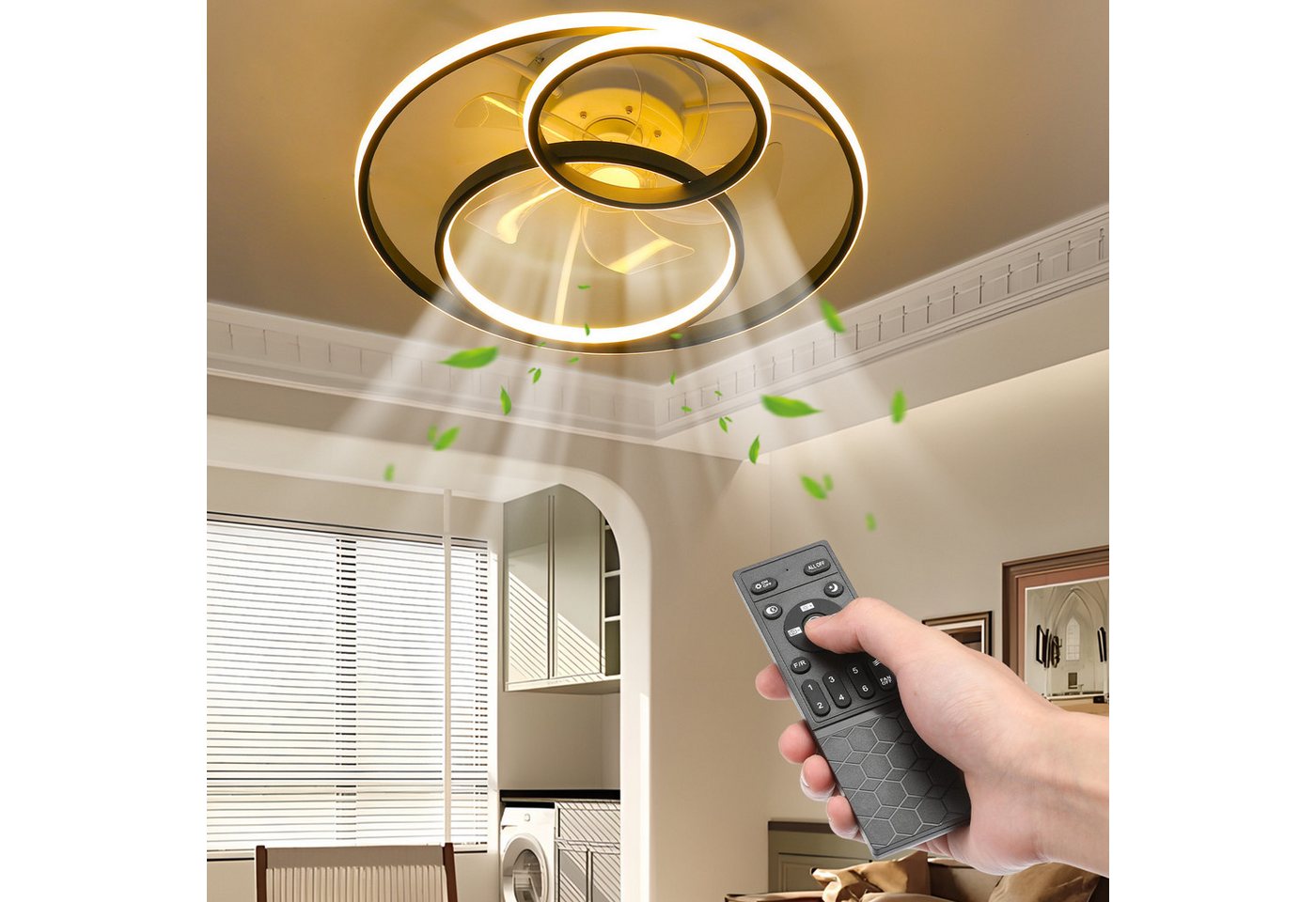 oyajia Deckenleuchte 55W Leise Deckenventilator mit Beleuchtung, 3-Ring-Deckenleuchte Timer, LED fest integriert, Warmweiß, Naturweiß, Kaltweiß, LED Deckenbeleu – Bild 2 von 5