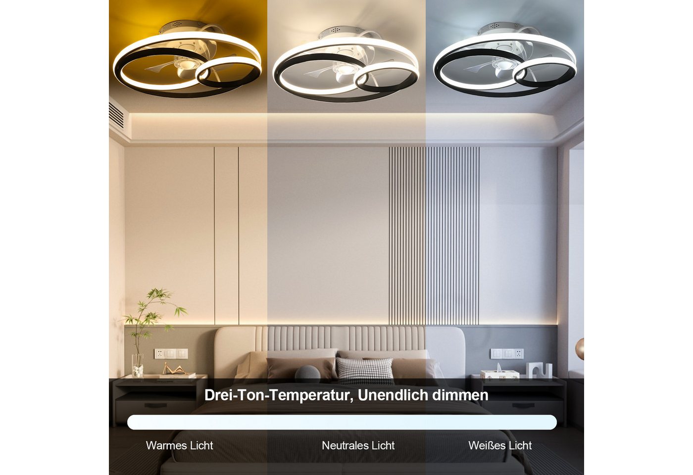 oyajia Deckenleuchte 55W Leise Deckenventilator mit Beleuchtung, 3-Ring-Deckenleuchte Timer, LED fest integriert, Warmweiß, Naturweiß, Kaltweiß, LED Deckenbeleu – Bild 3 von 5