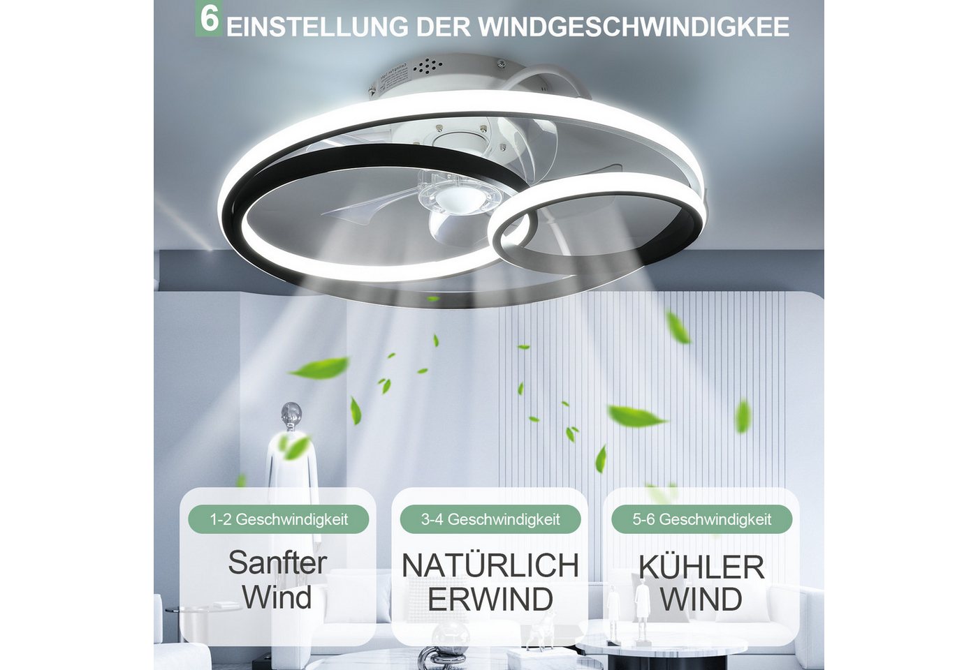 oyajia Deckenleuchte 55W Leise Deckenventilator mit Beleuchtung, 3-Ring-Deckenleuchte Timer, LED fest integriert, Warmweiß, Naturweiß, Kaltweiß, LED Deckenbeleu – Bild 4 von 5