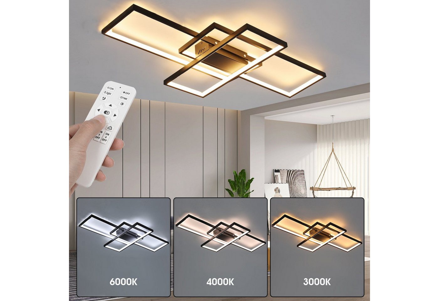 oyajia Deckenleuchte 60W LED Deckenleuchte Dimmbar Modern Deckenlampe Wohnzimmerlampe 90cm, LED fest integriert, Naturweiß, Kaltweiß, Warmweiß, Geometrisch Wand – Bild 2 von 5