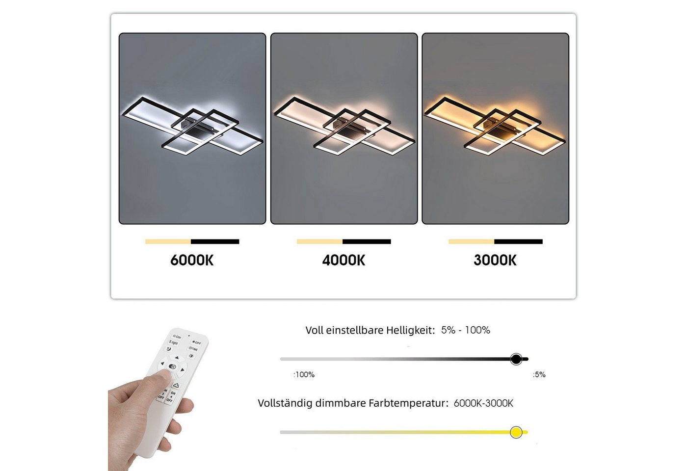 oyajia Deckenleuchte 60W LED Deckenleuchte Dimmbar Modern Deckenlampe Wohnzimmerlampe 90cm, LED fest integriert, Naturweiß, Kaltweiß, Warmweiß, Geometrisch Wand – Bild 3 von 5