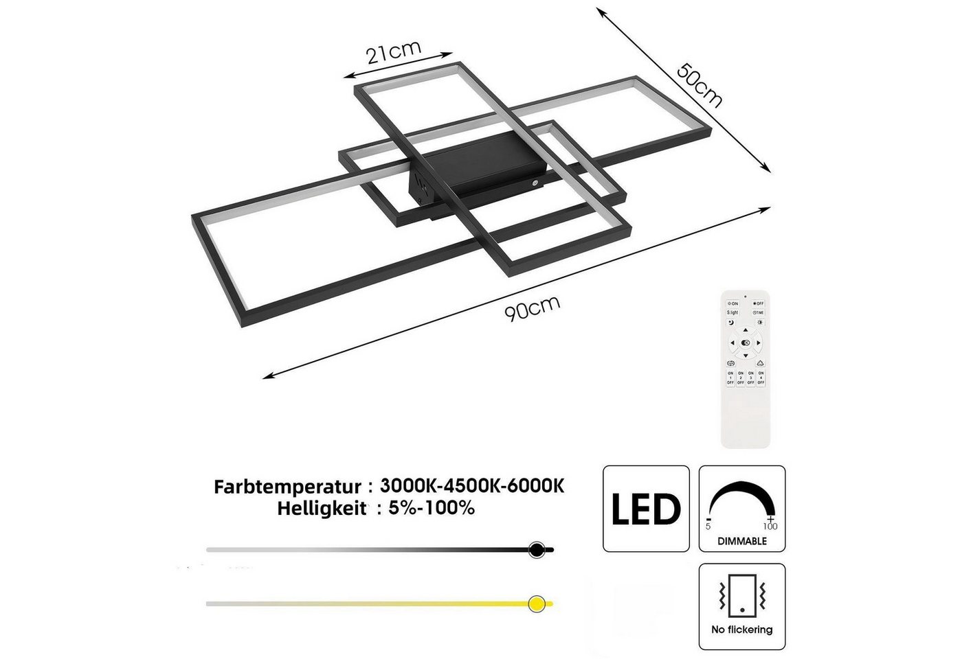 oyajia Deckenleuchte 60W LED Deckenleuchte Dimmbar Modern Deckenlampe Wohnzimmerlampe 90cm, LED fest integriert, Naturweiß, Kaltweiß, Warmweiß, Geometrisch Wand – Bild 4 von 5