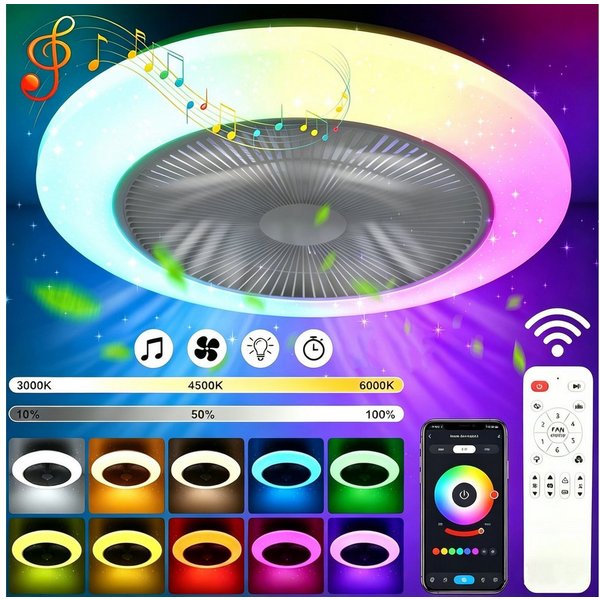 oyajia Deckenleuchte Deckenventilator mit Beleuchtung 60W Dimmbar mit Fernbedienung, Ø50 cm, RGB-Hintergrundbeleuchtung, LED fest integriert, Neutralweiß, Kaltw