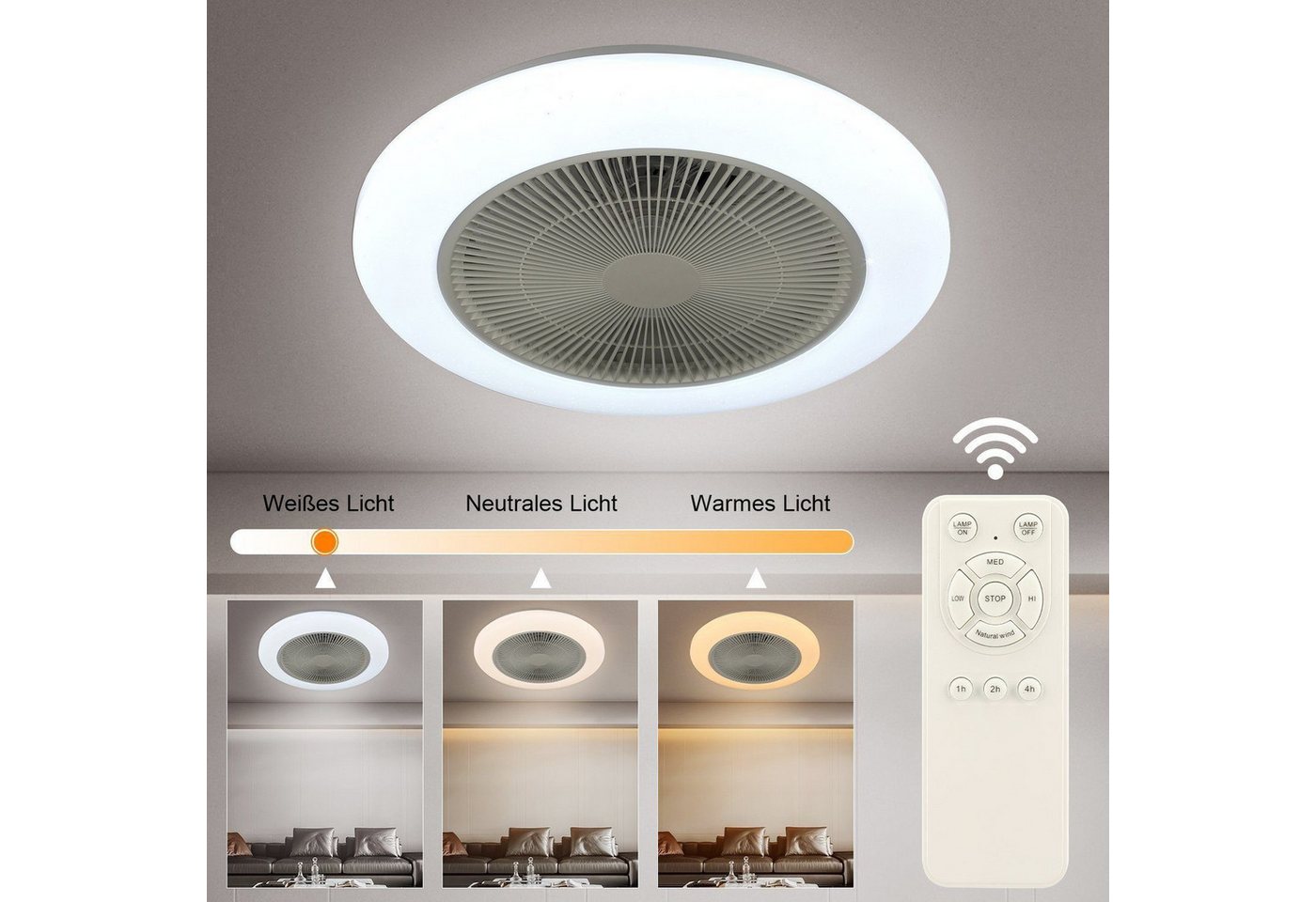oyajia Deckenleuchte Deckenventilator mit Beleuchtung 60W Dimmbar mit Fernbedienung, Ø50 cm, RGB-Hintergrundbeleuchtung, LED fest integriert, Neutralweiß, Kaltw – Bild 2 von 5