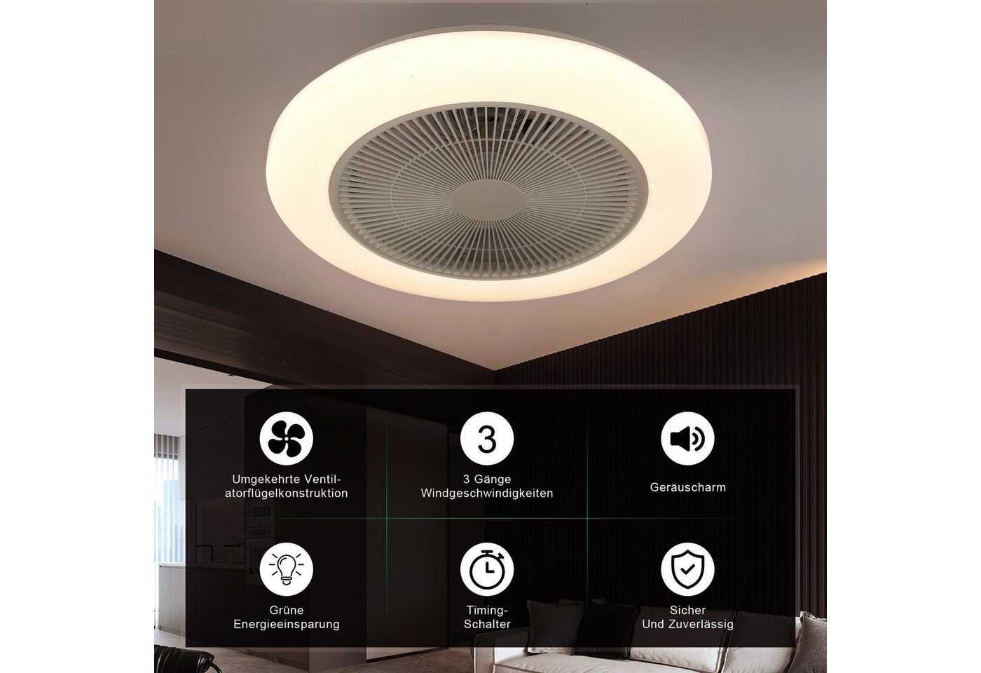 oyajia Deckenleuchte Deckenventilator mit Beleuchtung 60W Dimmbar mit Fernbedienung, Ø50 cm, RGB-Hintergrundbeleuchtung, LED fest integriert, Neutralweiß, Kaltw – Bild 4 von 5