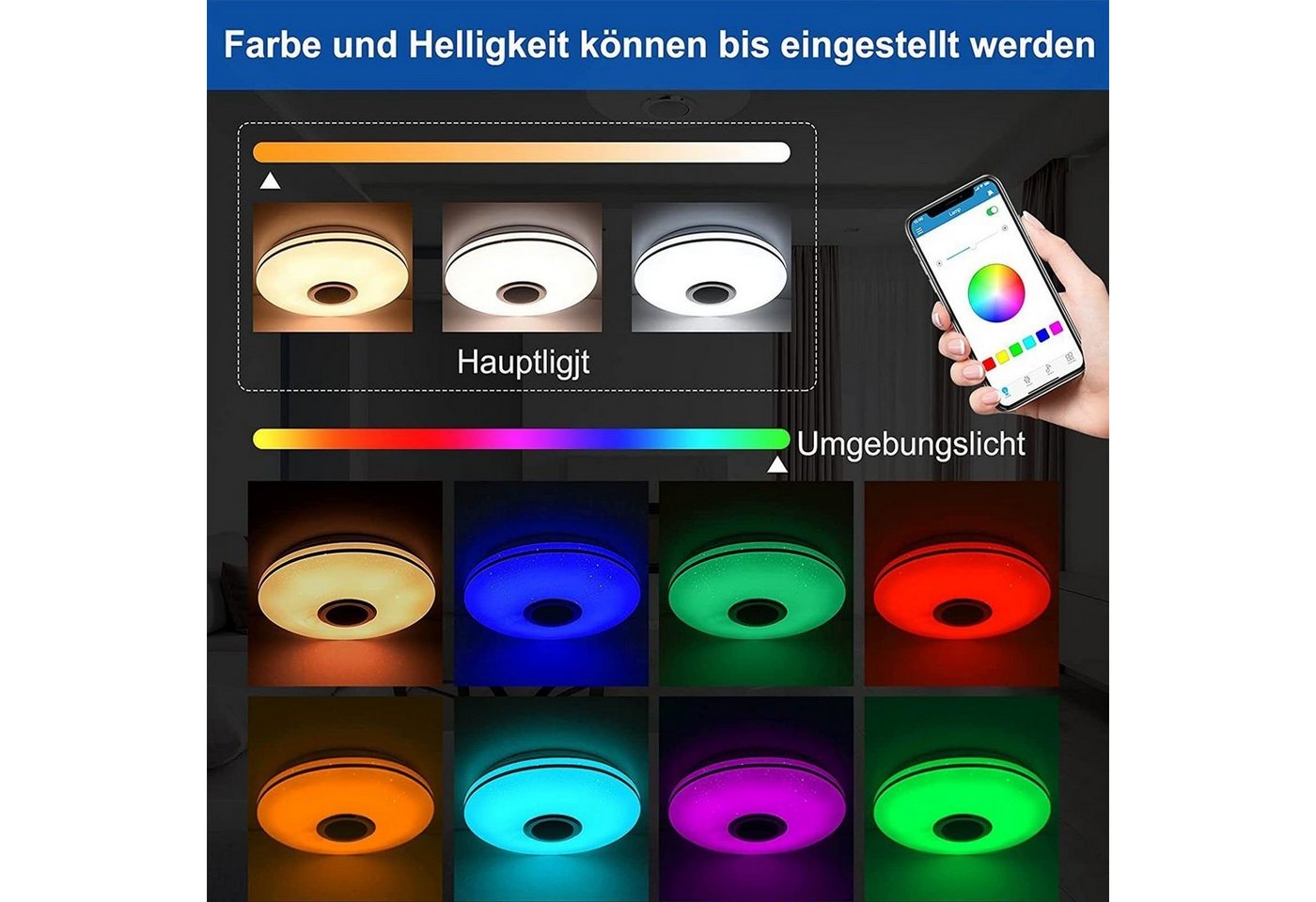 oyajia Deckenleuchte Dimmbar Deckenlampe mit Bluetooth Lautsprecher RGB, Fernbedienung, APP, LED fest integriert, RGB, Tageslichtweiß, LED Deckenleuchte,Ø 30/40 – Bild 3 von 5