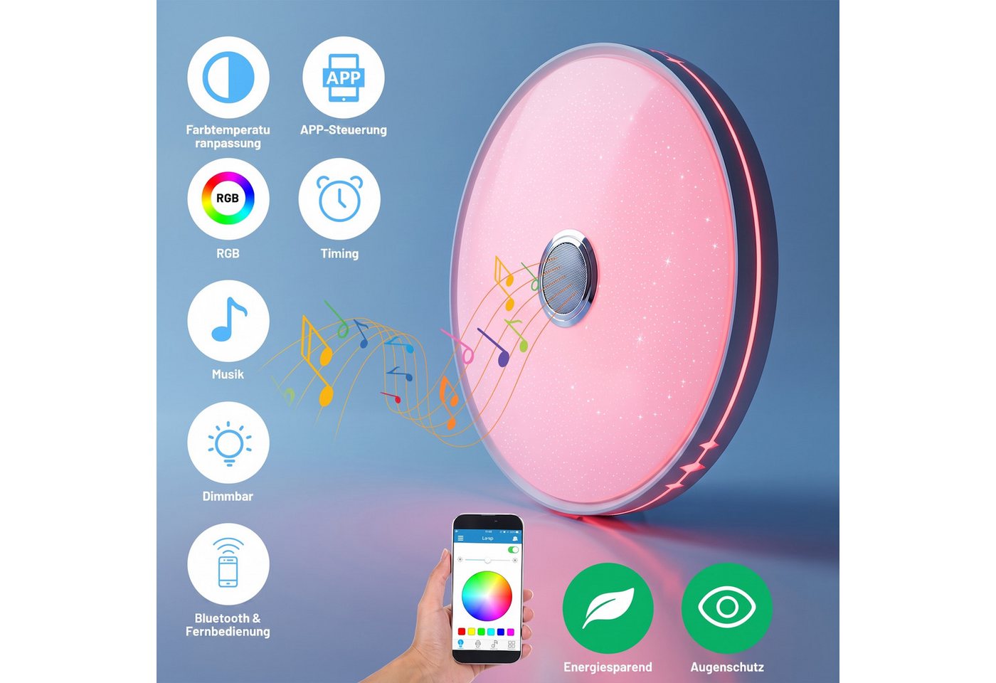 oyajia Deckenleuchte Dimmbar Deckenlampe mit Bluetooth Lautsprecher RGB, Fernbedienung, APP, LED fest integriert, RGB, Tageslichtweiß, LED Deckenleuchte,Ø 30/40 – Bild 2 von 5