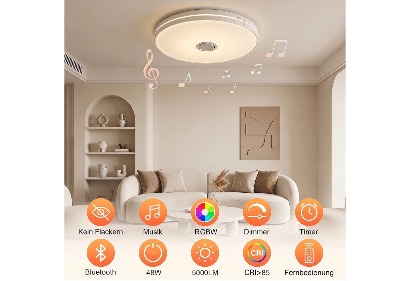 oyajia Deckenleuchte Dimmbar Deckenlampe mit Bluetooth Lautsprecher RGB, Fernbedienung, APP, LED fest integriert, RGB, Tageslichtweiß, LED Deckenleuchte,Ø 30/40 – Bild 3 von 5