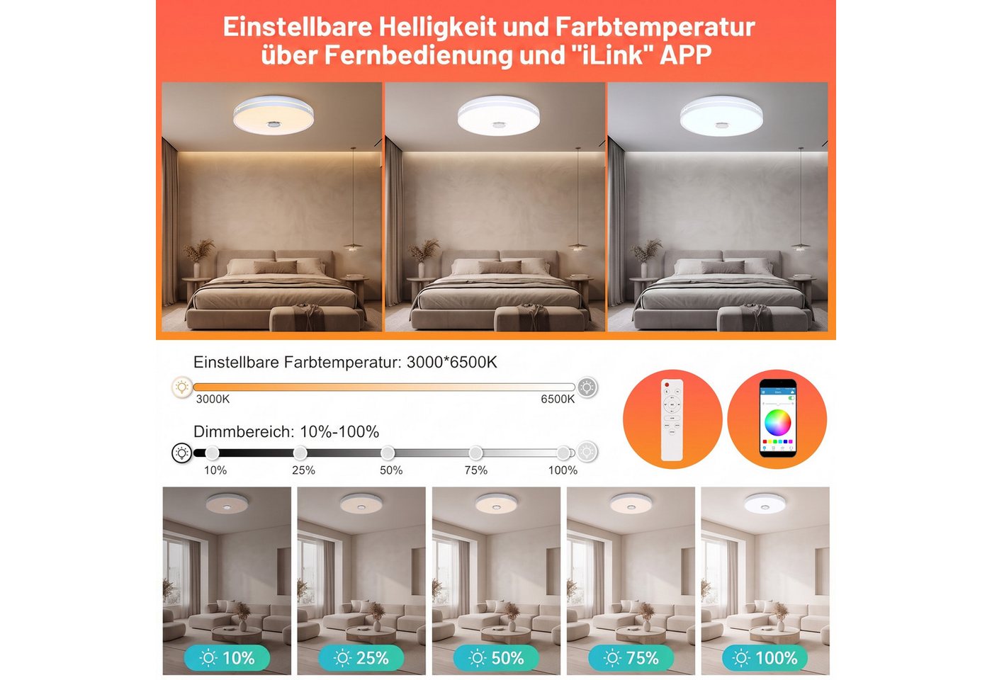 oyajia Deckenleuchte Dimmbar Deckenlampe mit Bluetooth Lautsprecher RGB, Fernbedienung, APP, LED fest integriert, RGB, Tageslichtweiß, LED Deckenleuchte,Ø 30/40 – Bild 4 von 5