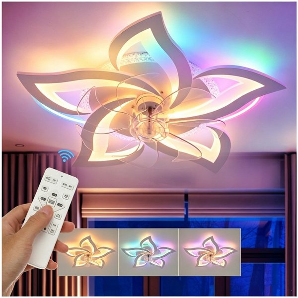 oyajia Deckenleuchte Leise Deckenventilator mit Beleuchtung, 60W / 85W LED Deckenleuchte, mit RGB Hintergrundlicht, LED fest integriert, Naturweiß, Kaltweiß, Wa