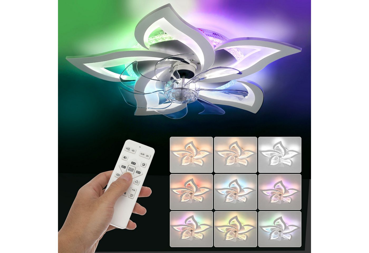 oyajia Deckenleuchte Leise Deckenventilator mit Beleuchtung, 60W / 85W LED Deckenleuchte, mit RGB Hintergrundlicht, LED fest integriert, Naturweiß, Kaltweiß, Wa – Bild 2 von 5