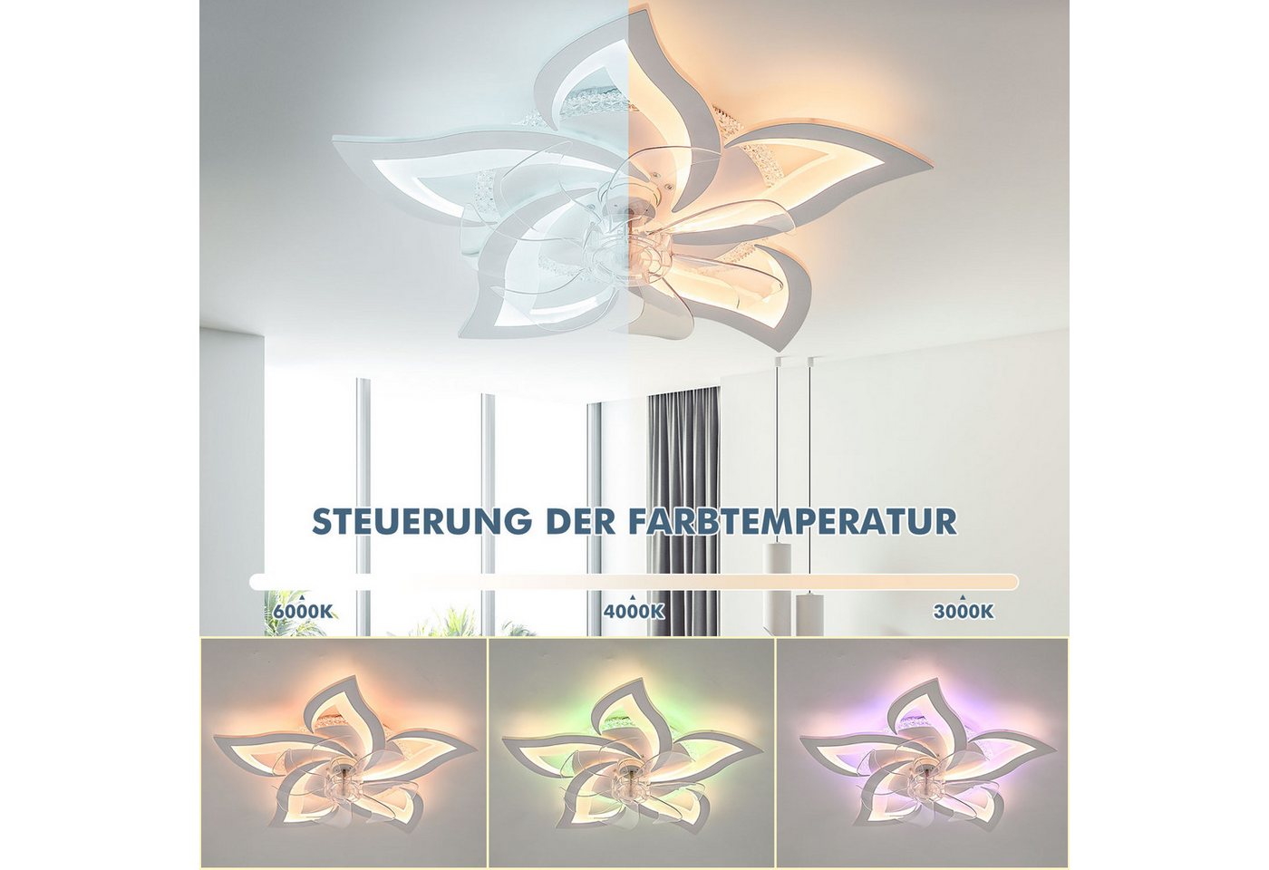 oyajia Deckenleuchte Leise Deckenventilator mit Beleuchtung, 60W / 85W LED Deckenleuchte, mit RGB Hintergrundlicht, LED fest integriert, Naturweiß, Kaltweiß, Wa – Bild 4 von 5