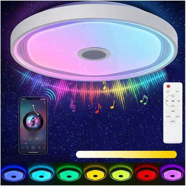 oyajia Deckenleuchte Smart LED Deckenlampe mit Bluetooth Lautsprecher, 50cm Wohnzimmerlampe, LED fest integriert, Kaltweiß+Naturweiß+Warmweiß+RGB, 48W RGB Decke