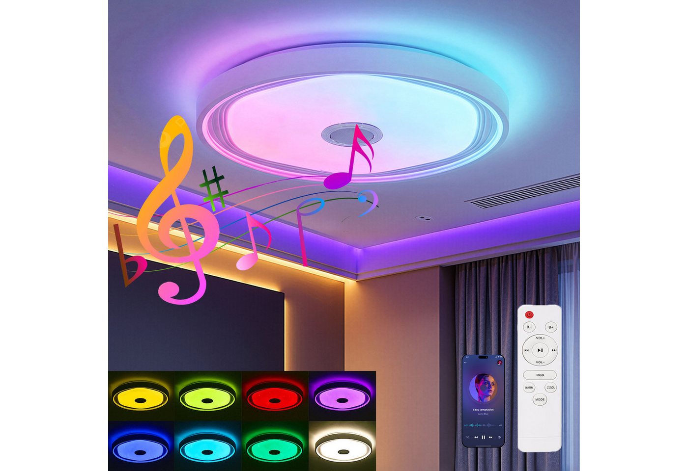 oyajia Deckenleuchte Smart LED Deckenlampe mit Bluetooth Lautsprecher, 50cm Wohnzimmerlampe, LED fest integriert, Kaltweiß+Naturweiß+Warmweiß+RGB, 48W RGB Decke – Bild 2 von 5